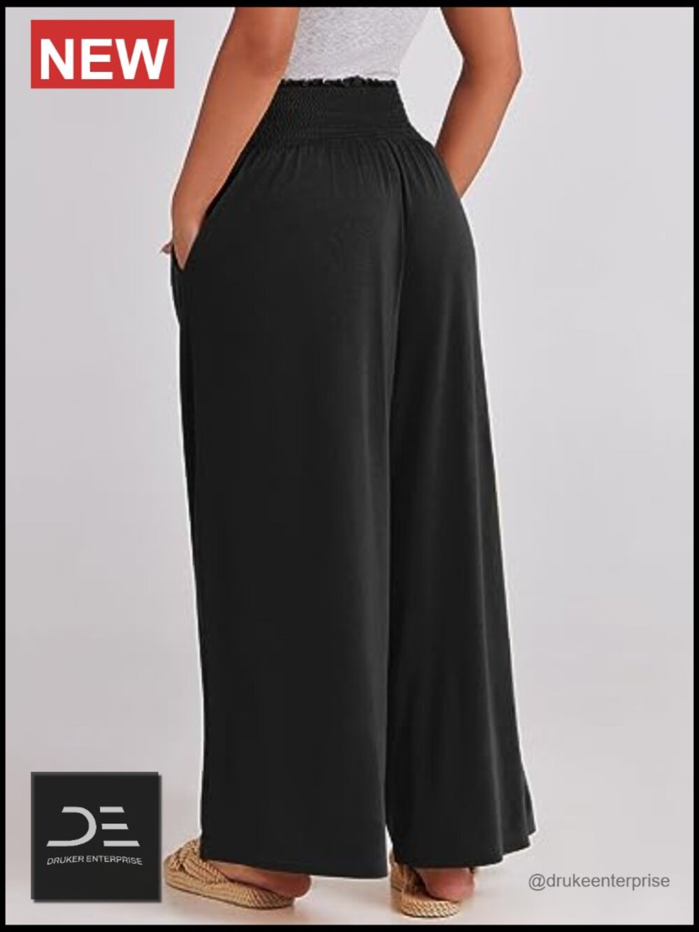 Wide Leg Palazzo Pants with Pockets, High Rise Smocked Waist, Summer Boho - Picture 5 of 7